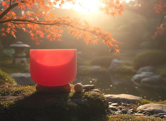 432 Hz 8" Root Chakra Singing Bowl with Tuning Fork - Perfect Pitch C-Note Sound Bowl with Matching Color Cushion and Light Up Striker