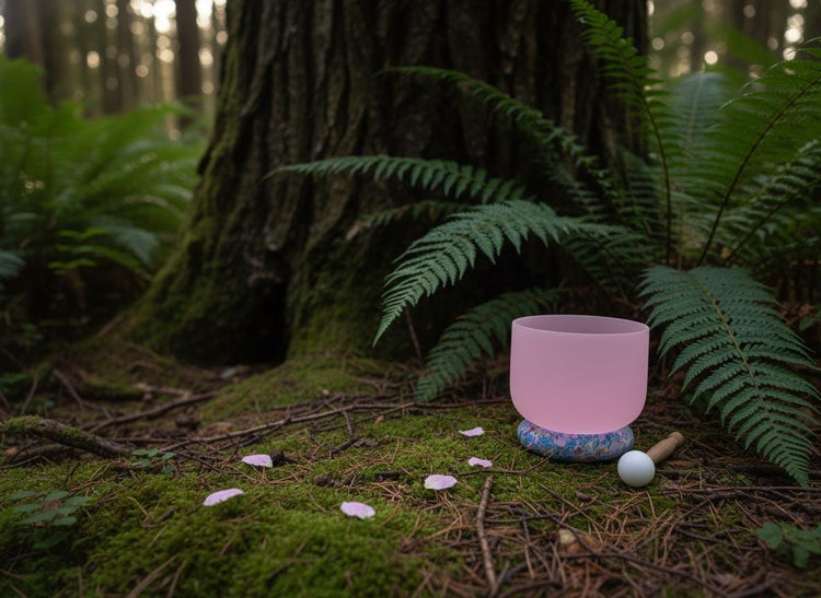 432 Hz 8" High C Pink Root Chakra Singing Bowl and Tuning Fork - Perfect Pitch Sound Bowl with Matching Color Cushion and Light Up Striker