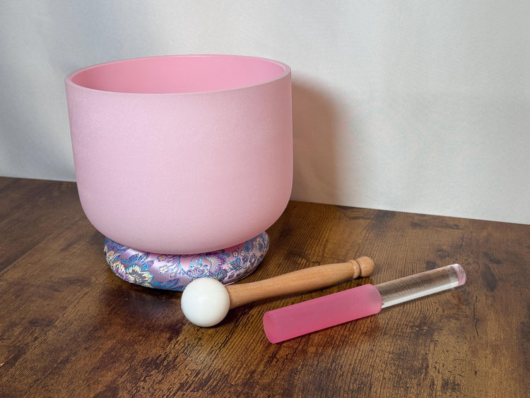 432 Hz 8" High C Pink Root Chakra Singing Bowl and Tuning Fork - Perfect Pitch Sound Bowl with Matching Color Cushion and Light Up Striker