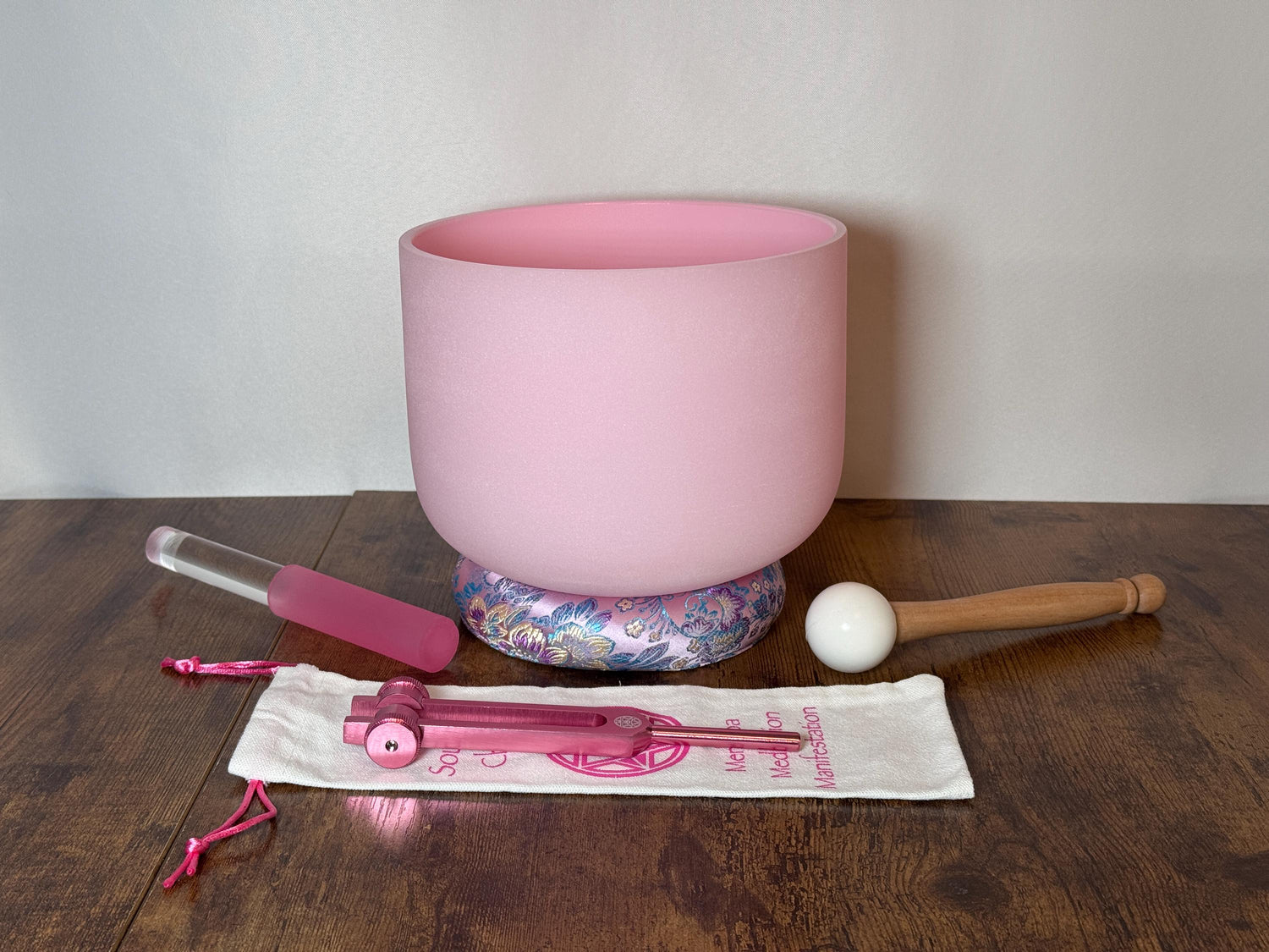 432 Hz 8" High C Pink Root Chakra Singing Bowl and Tuning Fork - Perfect Pitch Sound Bowl with Matching Color Cushion and Light Up Striker