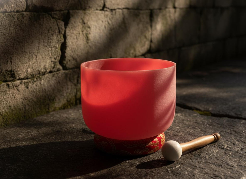 432 Hz 8" Root Chakra Singing Bowl with Tuning Fork - Perfect Pitch C-Note Sound Bowl with Matching Color Cushion and Light Up Striker