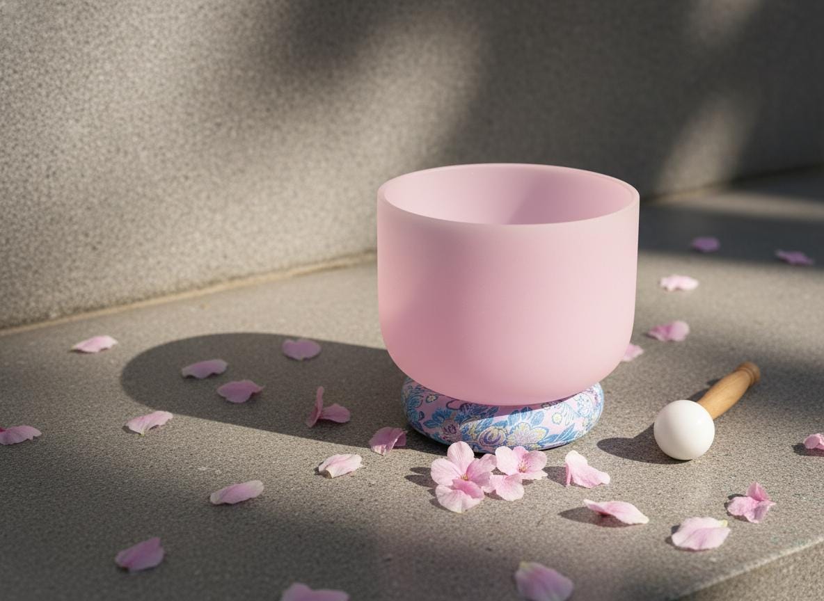 432 Hz 8" High C Pink Root Chakra Singing Bowl and Tuning Fork - Perfect Pitch Sound Bowl with Matching Color Cushion and Light Up Striker