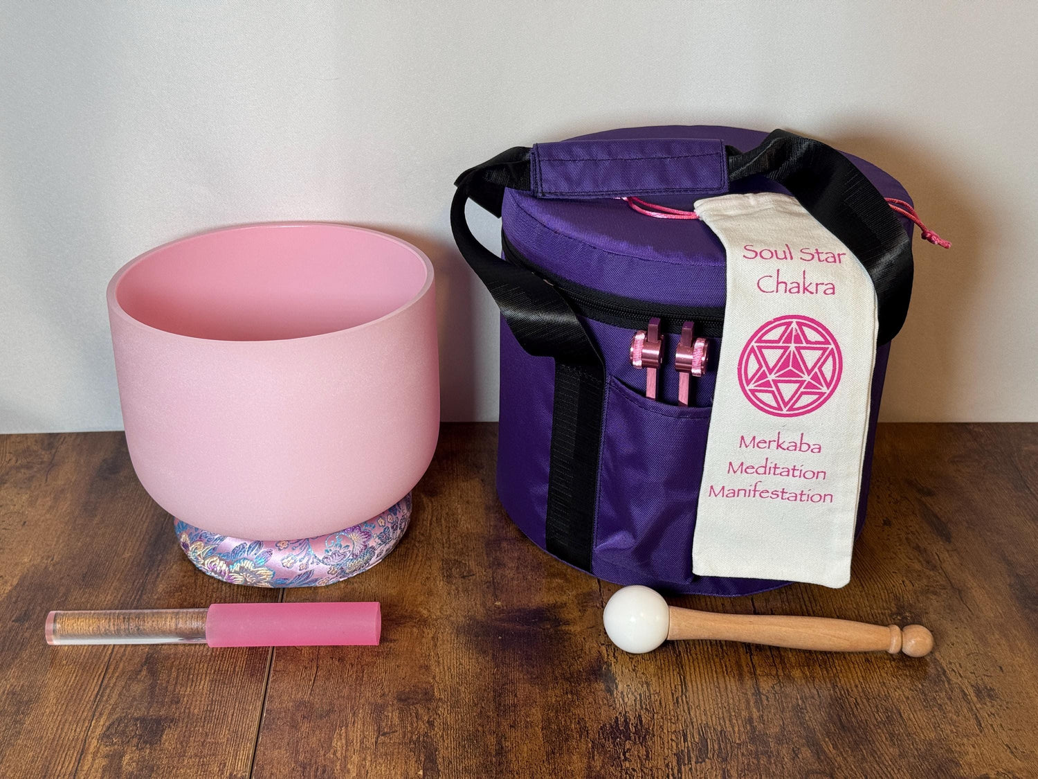 432 Hz 8" High C Pink Root Chakra Singing Bowl and Tuning Fork - Perfect Pitch Sound Bowl with Matching Color Cushion and Light Up Striker
