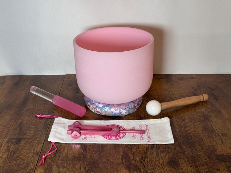 432 Hz 8" High C Pink Root Chakra Singing Bowl and Tuning Fork - Perfect Pitch Sound Bowl with Matching Color Cushion and Light Up Striker