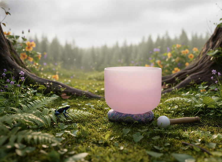 432 Hz 8" High C Pink Root Chakra Singing Bowl and Tuning Fork - Perfect Pitch Sound Bowl with Matching Color Cushion and Light Up Striker