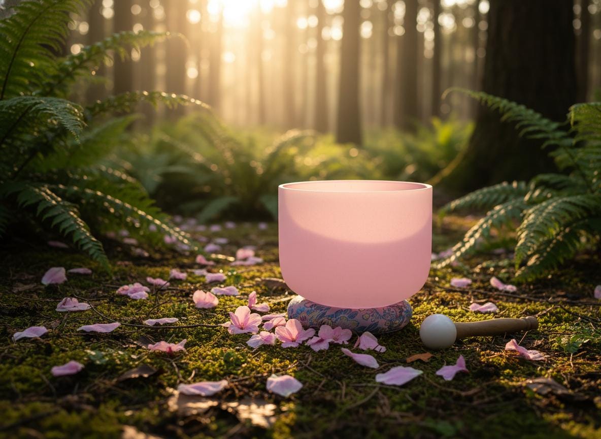May include: A pink crystal singing bowl rests on a stone base, surrounded by pink flower petals and lush green foliage. A wooden mallet lies nearby, set against a backdrop of a sunlit forest, evoking a sense of tranquility and wellness.
