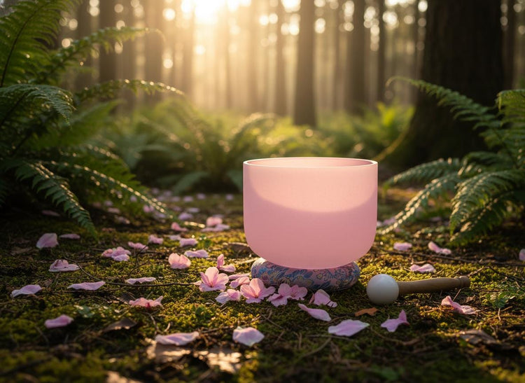 May include: A pink crystal singing bowl rests on a stone base, surrounded by pink flower petals and lush green foliage. A wooden mallet lies nearby, set against a backdrop of a sunlit forest, evoking a sense of tranquility and wellness.