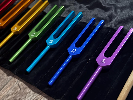 9pc Color Unweighted Set Of All 9 Solfeggio Frequencies - Silver Tuning Forks, Gemstone Boot, Gem Feet, Bio-field, Sound Vibration
