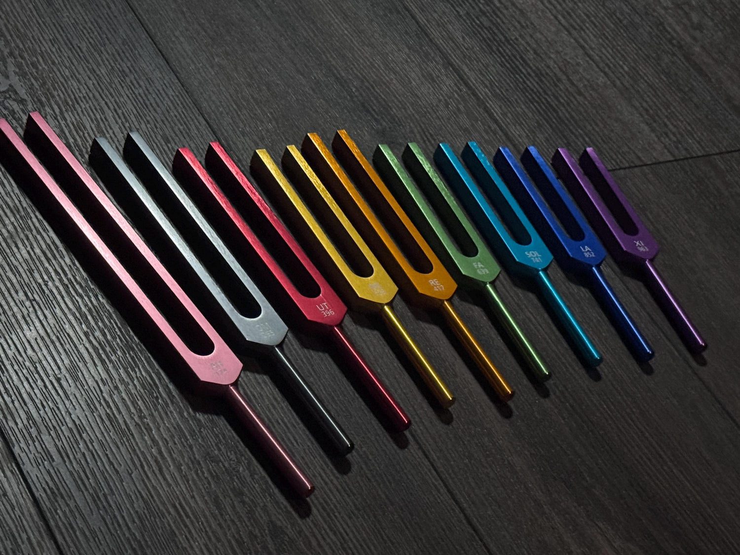 9pc Color Unweighted Set Of All 9 Solfeggio Frequencies - Silver Tuning Forks, Gemstone Boot, Gem Feet, Bio-field, Sound Vibration