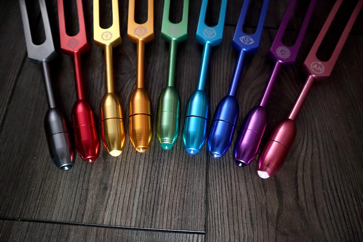9pc Color Unweighted Set Of All 9 Solfeggio Frequencies - Silver Tuning Forks, Gemstone Boot, Gem Feet, Bio-field, Sound Vibration