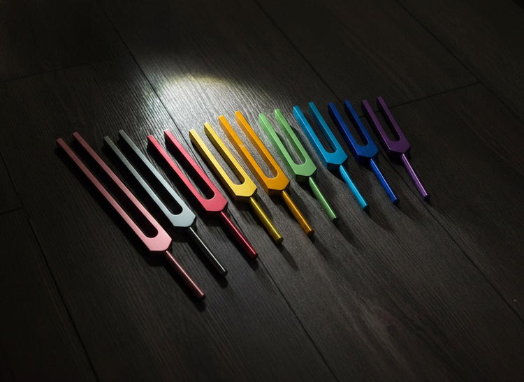 9pc Color Unweighted Set Of All 9 Solfeggio Frequencies - Silver Tuning Forks, Gemstone Boot, Gem Feet, Bio-field, Sound Vibration