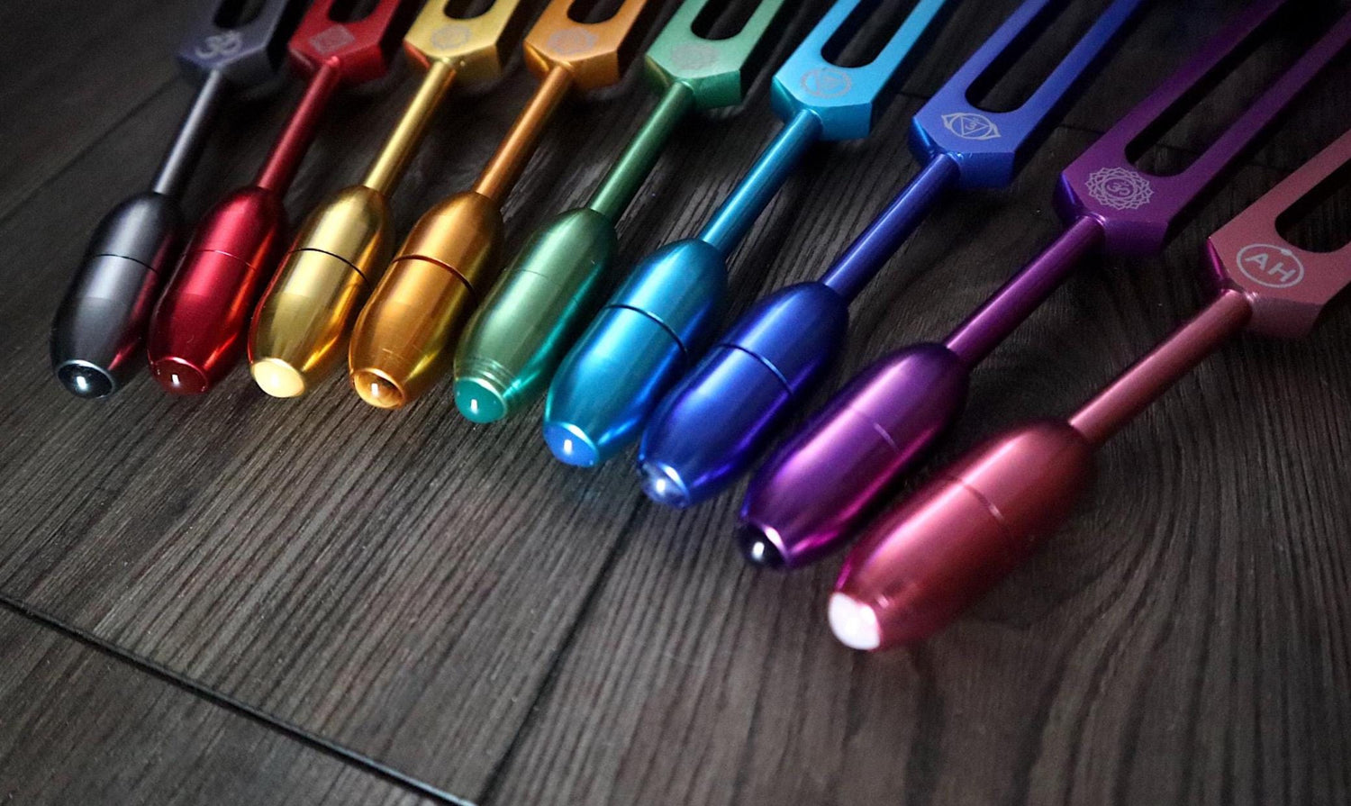 9pc Color Unweighted Set Of All 9 Solfeggio Frequencies - Silver Tuning Forks, Gemstone Boot, Gem Feet, Bio-field, Sound Vibration