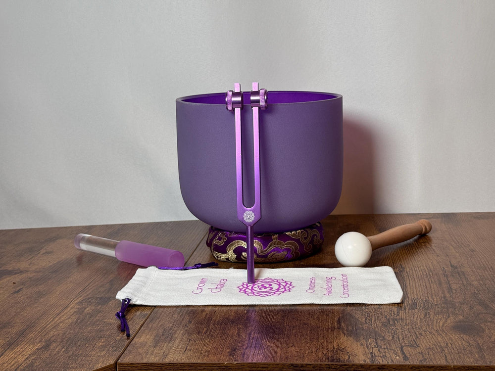 432 Hz 8" Crown Chakra Singing Bowl with Tuning Fork - Perfect Pitch B-Note Sound Bowl with Matching Color Cushion and Light Up Striker