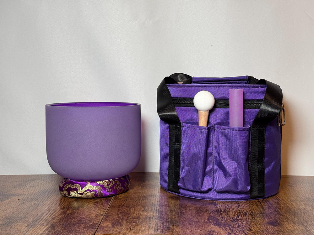 432 Hz 8" Crown Chakra Singing Bowl with Tuning Fork - Perfect Pitch B-Note Sound Bowl with Matching Color Cushion and Light Up Striker
