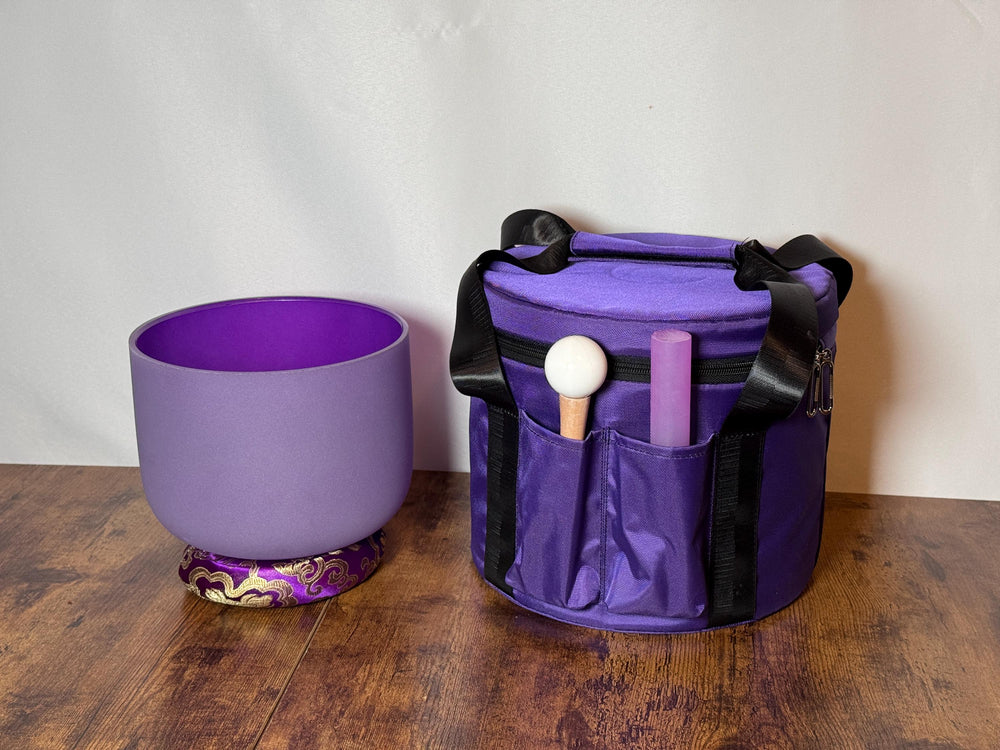432 Hz 8" Crown Chakra Singing Bowl with Tuning Fork - Perfect Pitch B-Note Sound Bowl with Matching Color Cushion and Light Up Striker