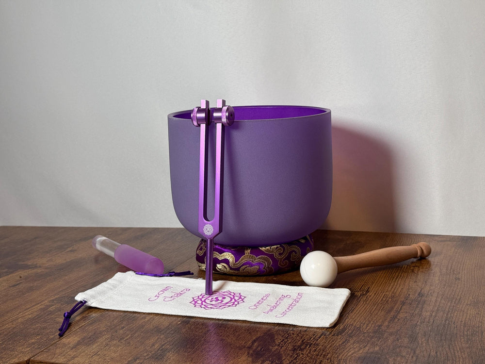 432 Hz 8" Crown Chakra Singing Bowl with Tuning Fork - Perfect Pitch B-Note Sound Bowl with Matching Color Cushion and Light Up Striker