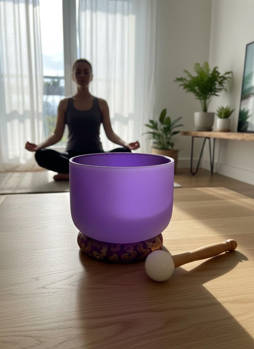 432 Hz 8" Crown Chakra Singing Bowl with Tuning Fork - Perfect Pitch B-Note Sound Bowl with Matching Color Cushion and Light Up Striker