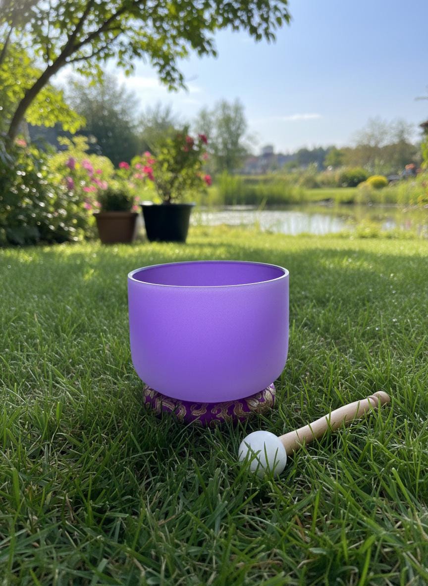 432 Hz 8" Crown Chakra Singing Bowl with Tuning Fork - Perfect Pitch B-Note Sound Bowl with Matching Color Cushion and Light Up Striker