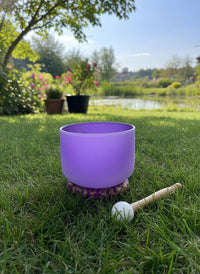 432 Hz 8" Crown Chakra Singing Bowl with Tuning Fork - Perfect Pitch B-Note Sound Bowl with Matching Color Cushion and Light Up Striker