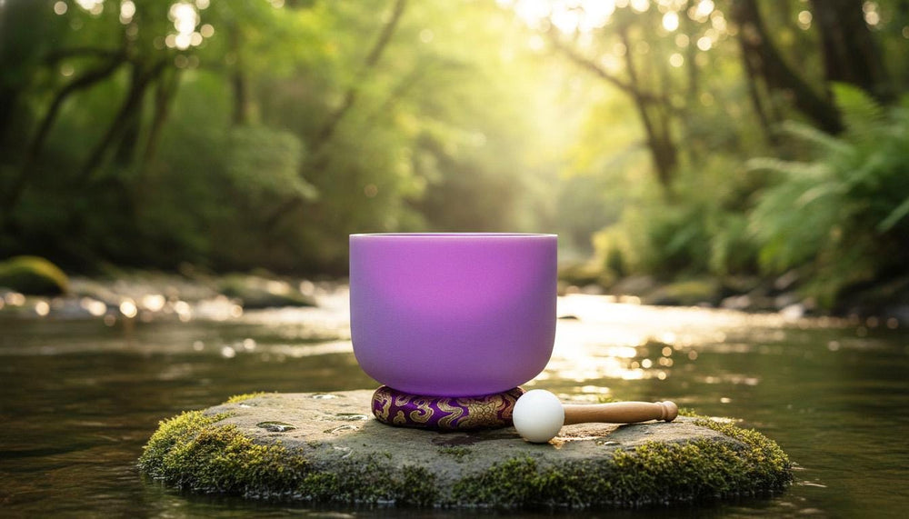 432 Hz 8" Crown Chakra Singing Bowl with Tuning Fork - Perfect Pitch B-Note Sound Bowl with Matching Color Cushion and Light Up Striker
