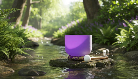 432 Hz 8" Crown Chakra Singing Bowl with Tuning Fork - Perfect Pitch B-Note Sound Bowl with Matching Color Cushion and Light Up Striker