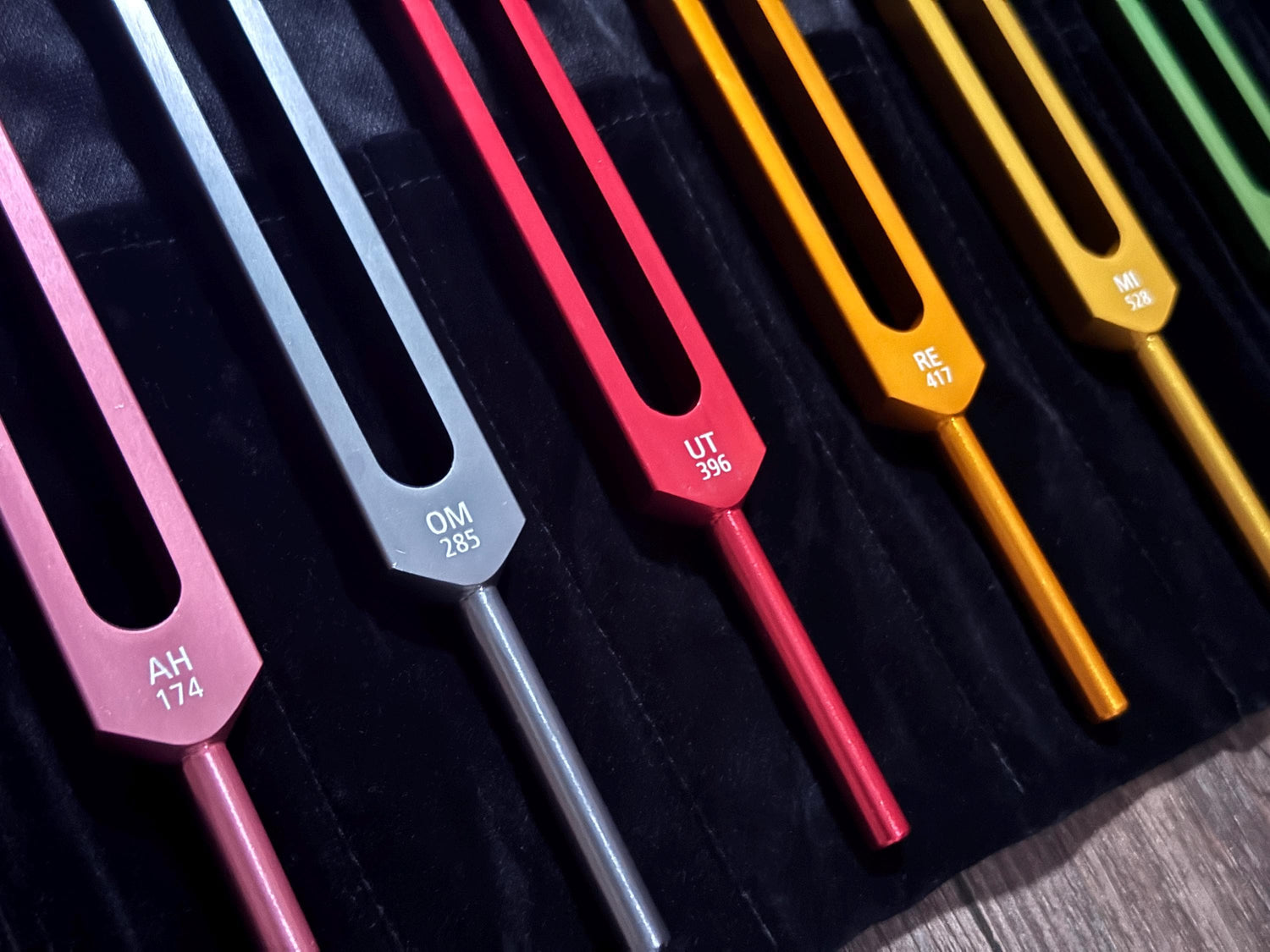 9pc Color Unweighted Set Of All 9 Solfeggio Frequencies - Silver Tuning Forks, Gemstone Boot, Gem Feet, Bio-field, Sound Vibration