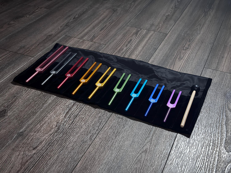 9pc Color Unweighted Set Of All 9 Solfeggio Frequencies - Silver Tuning Forks, Gemstone Boot, Gem Feet, Bio-field, Sound Vibration