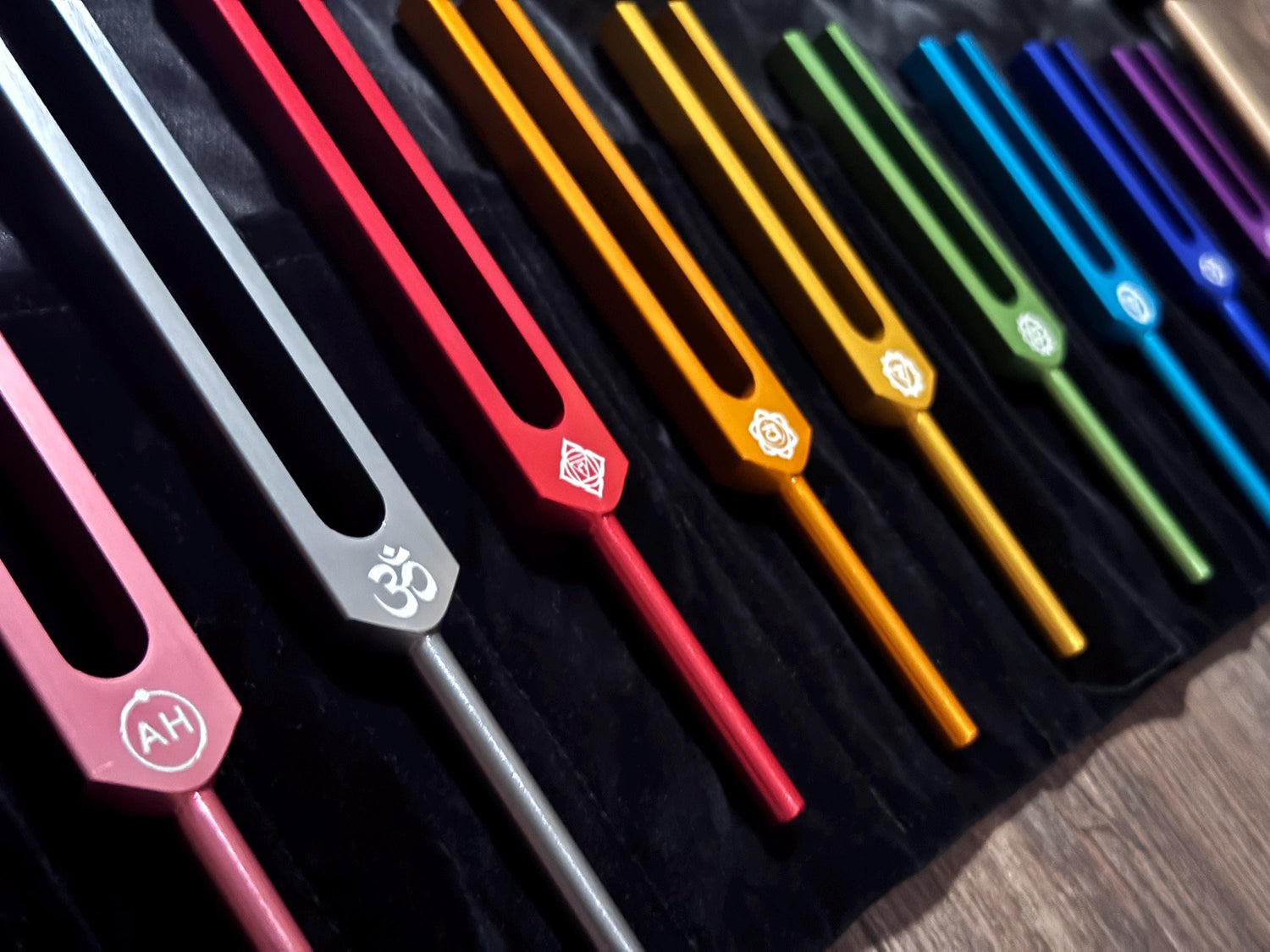 9pc Color Unweighted Set Of All 9 Solfeggio Frequencies - Silver Tuning Forks, Gemstone Boot, Gem Feet, Bio-field, Sound Vibration
