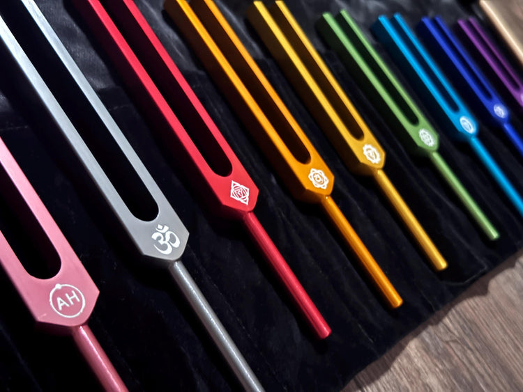 9pc Color Unweighted Set Of All 9 Solfeggio Frequencies - Silver Tuning Forks, Gemstone Boot, Gem Feet, Bio-field, Sound Vibration