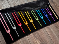 9pc Color Unweighted Set Of All 9 Solfeggio Frequencies - Silver Tuning Forks, Gemstone Boot, Gem Feet, Bio-field, Sound Vibration