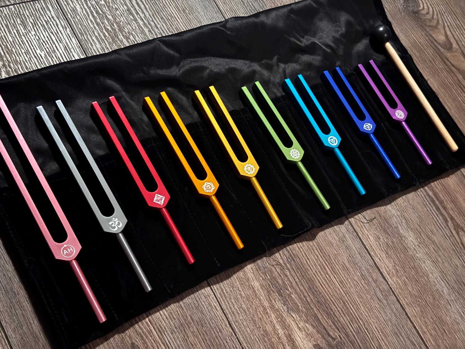 9pc Color Unweighted Set Of All 9 Solfeggio Frequencies - Silver Tuning Forks, Gemstone Boot, Gem Feet, Bio-field, Sound Vibration