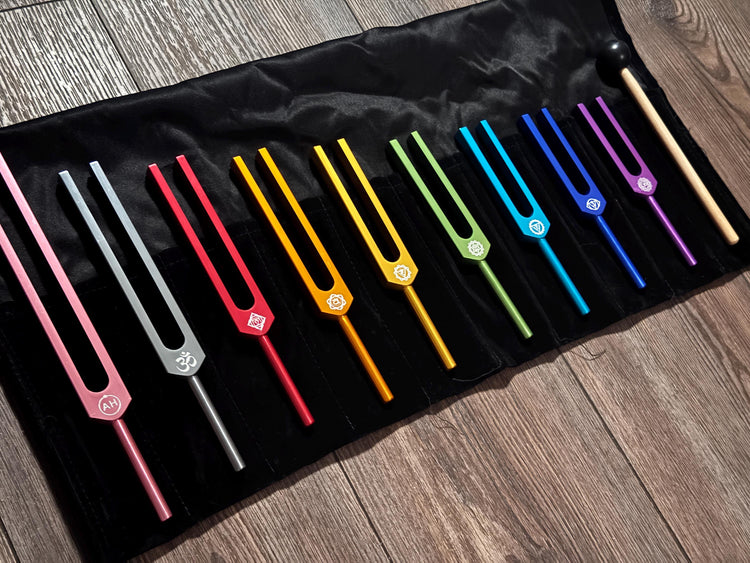 9pc Color Unweighted Set Of All 9 Solfeggio Frequencies - Silver Tuning Forks, Gemstone Boot, Gem Feet, Bio-field, Sound Vibration