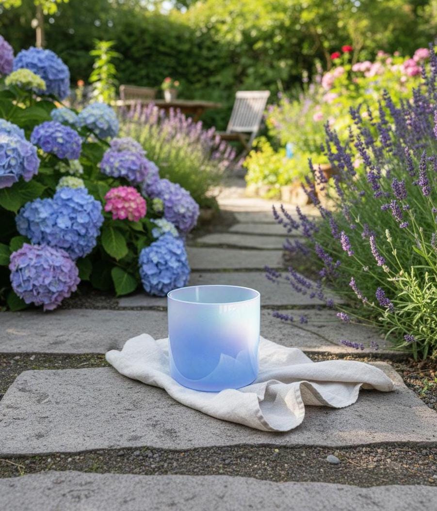 Ethereal Blue - Premium Clear 7.5" Crystal Singing Bowl w/ Tuning Fork 432 Hz Throat Chakra G Note, Suede Striker, O-Ring, and Carry Case