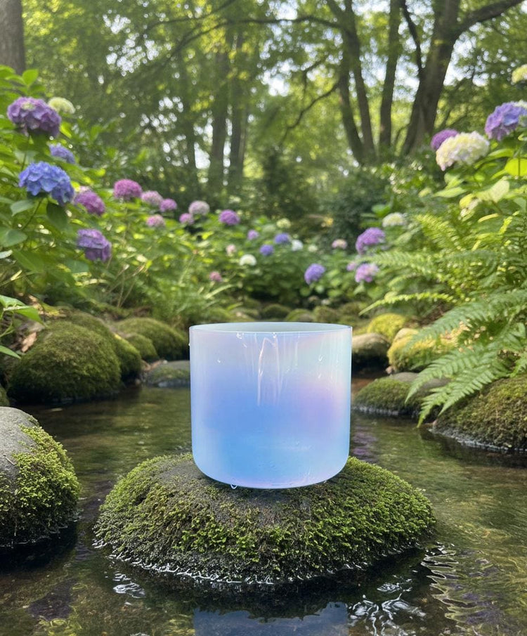 Ethereal Blue - Premium Clear 7.5" Crystal Singing Bowl w/ Tuning Fork 432 Hz Throat Chakra G Note, Suede Striker, O-Ring, and Carry Case