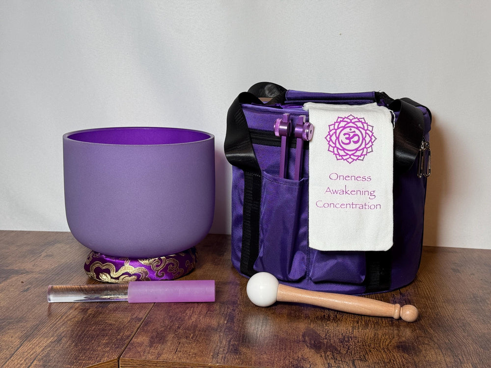 432 Hz 8" Crown Chakra Singing Bowl with Tuning Fork - Perfect Pitch B-Note Sound Bowl with Matching Color Cushion and Light Up Striker
