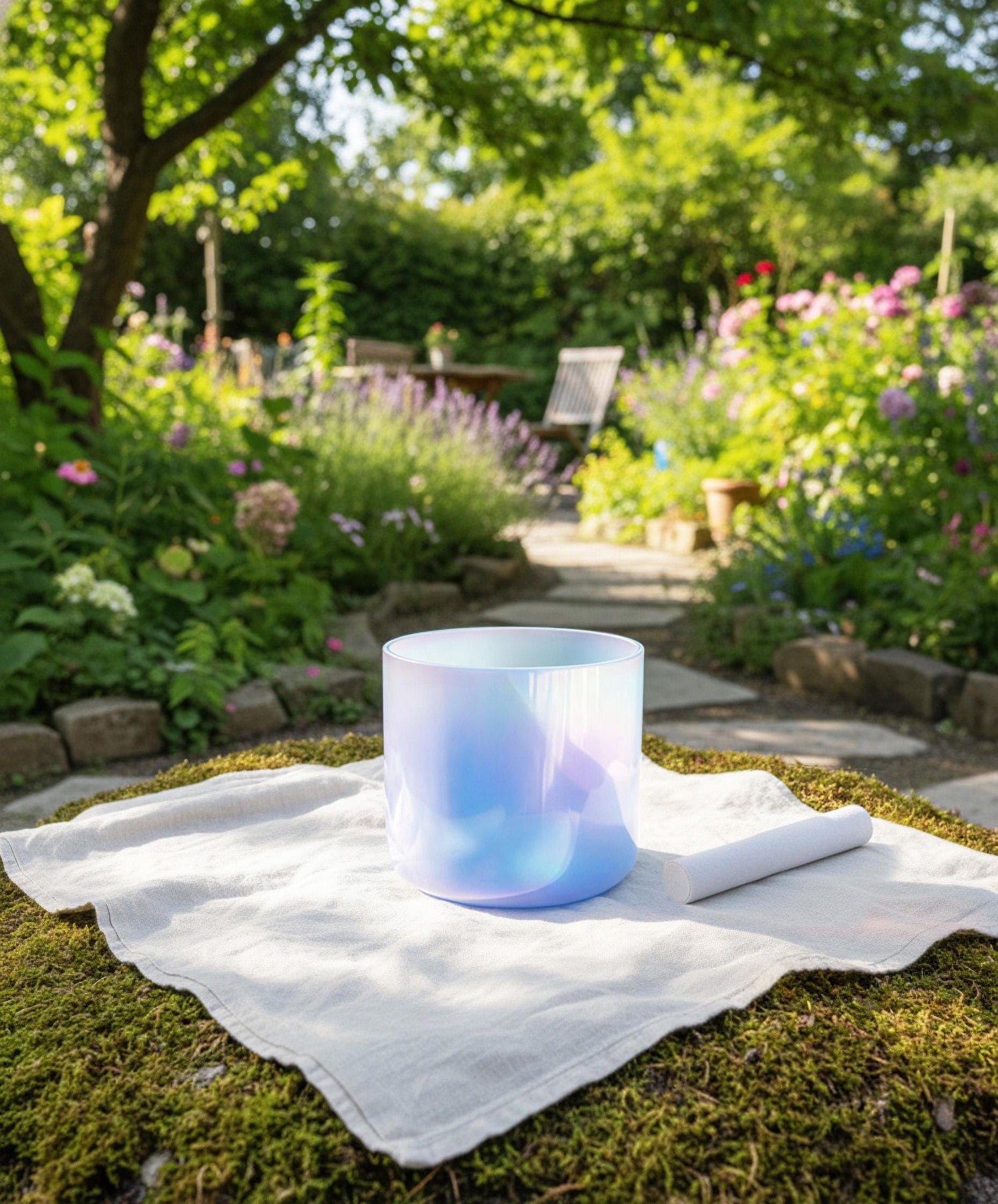 Ethereal Blue - Premium Clear 7.5" Crystal Singing Bowl w/ Tuning Fork 432 Hz Throat Chakra G Note, Suede Striker, O-Ring, and Carry Case