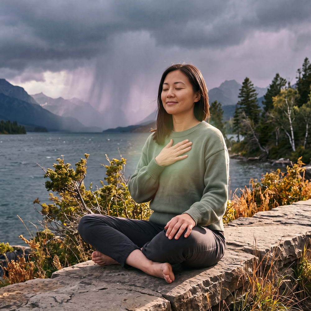 Asian American woman in heart-centered meditation beside a stormy lake