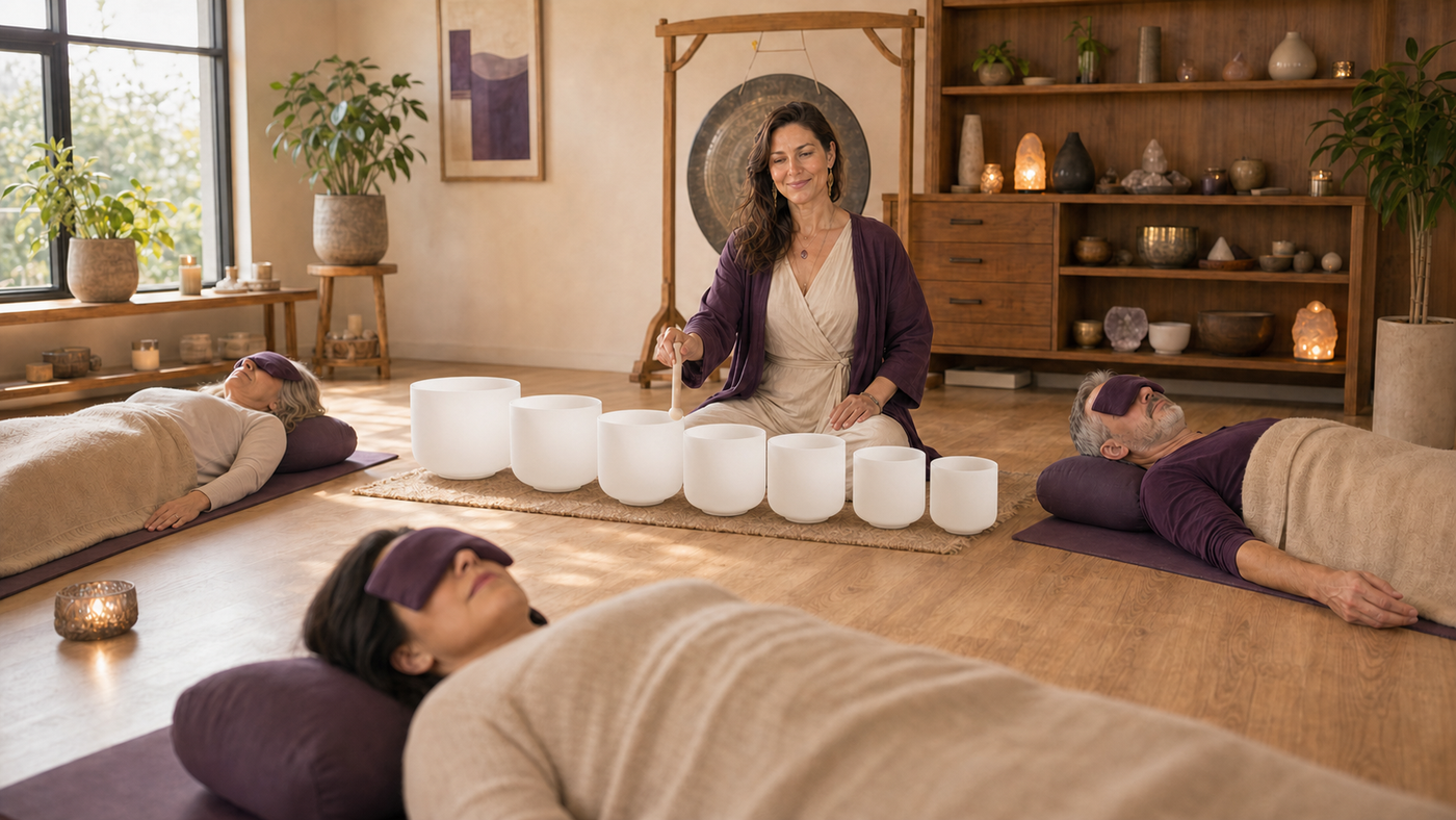 Sound healing practitioner leading clients with frosted white crystal singing bowls