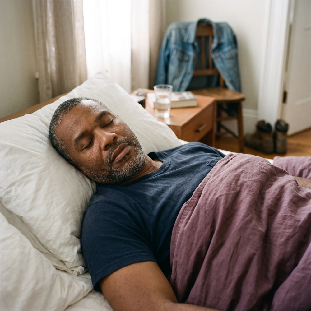 A hardworking man sleeping peacefully at home, face visible, work jacket and boots set aside