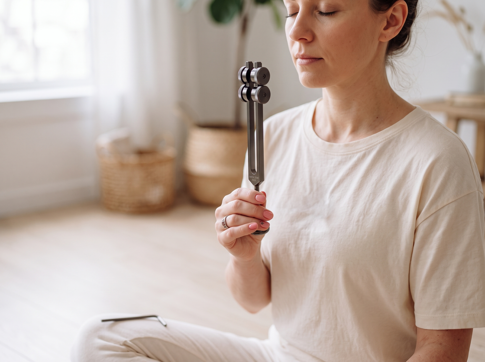 Woman holding Earth Star 68.05 Hz weighted tuning fork in morning meditation — Myriad Melodies sound healing practice