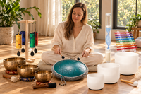 Rowan in a sunlit studio with crystal harp, blue spiral rainstick, singing bowls, Melody Chimes and teal tongue drum