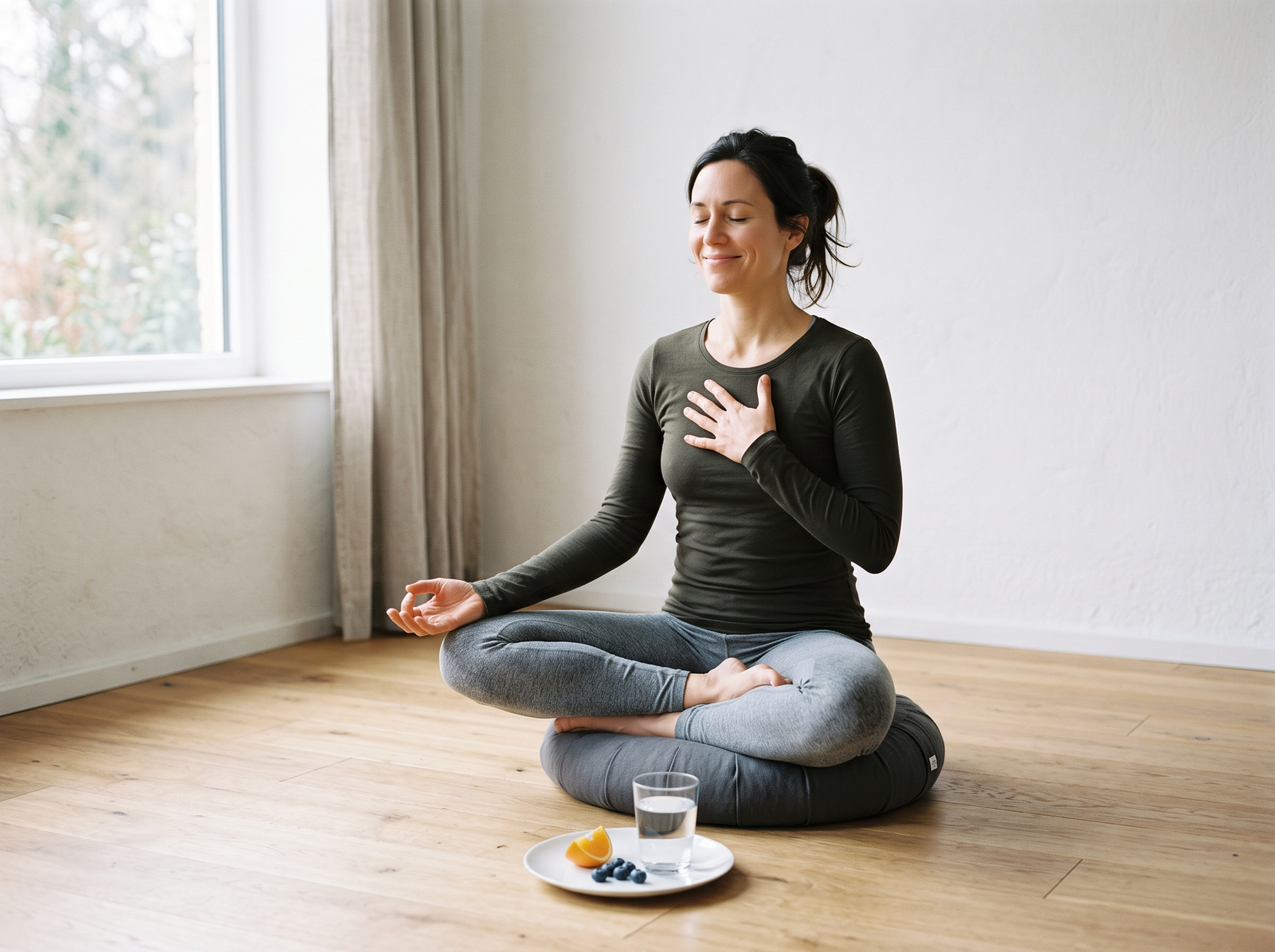 Woman seated on meditation cushion with simple plate of food and glass of water — non-attachment and simplicity