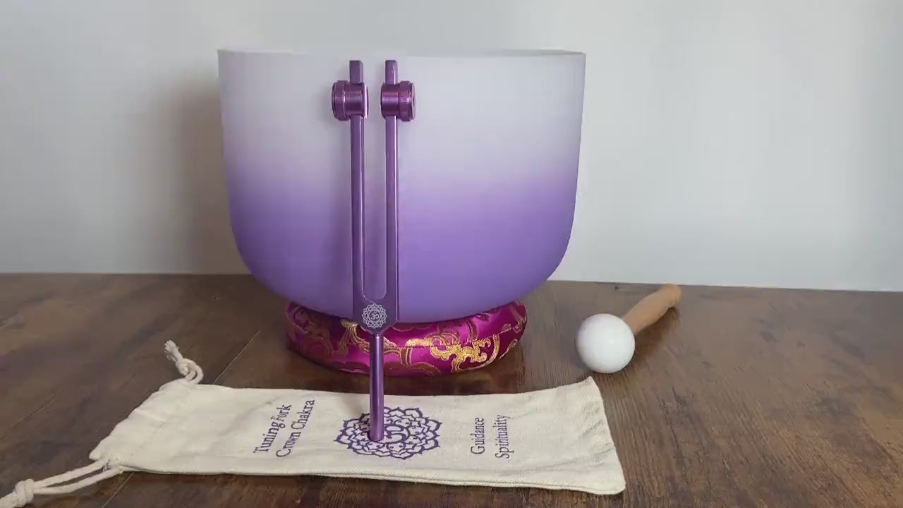 432 Hz 10” Soft Light Crown Chakra Crystal Singing Bowl with Tuning Fork, Cushion, Mallet, O-Ring - Biofield, Sound Vibration