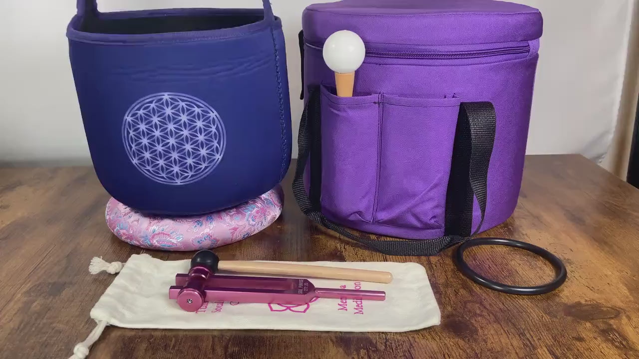 432 Hz Om Printed Heart Chakra 8” Crystal Singing Bowl and Soul Purpose Tuning Fork w/ Bag Bundle, Cushion, Mallet, Striker, Carry Case