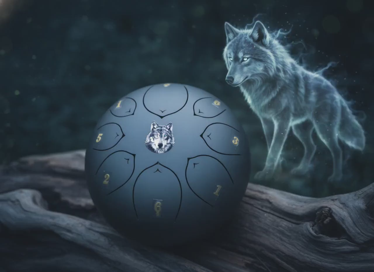 Spirit Wolf 8" Steel Tongue Drum - Black F Key - Spirit Animal, Instinct, Strength, Shamanic Drum, Ethereal Vibration, Tank Drum