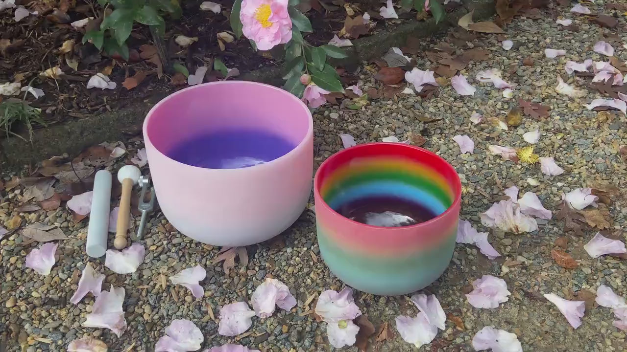 528 Hz Rainbow and 432 Hz Pink Aura Bowl - 174Hz Solfeggio Tuning Fork - Mallet, Suede Striker, Carry Case, Sound Healing, Gift For Her