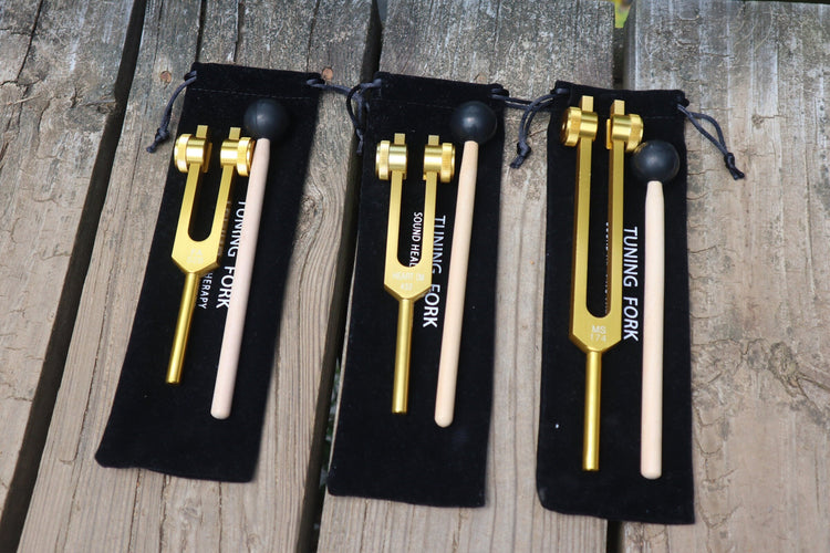 3pc Gold or Silver Weighted Tuning Fork Set - 174 Hz, 432 Hz, and 528 Hz, Solfeggio, Love Frequencies, Sound Healing, Energy Healing - Myriad Melodies