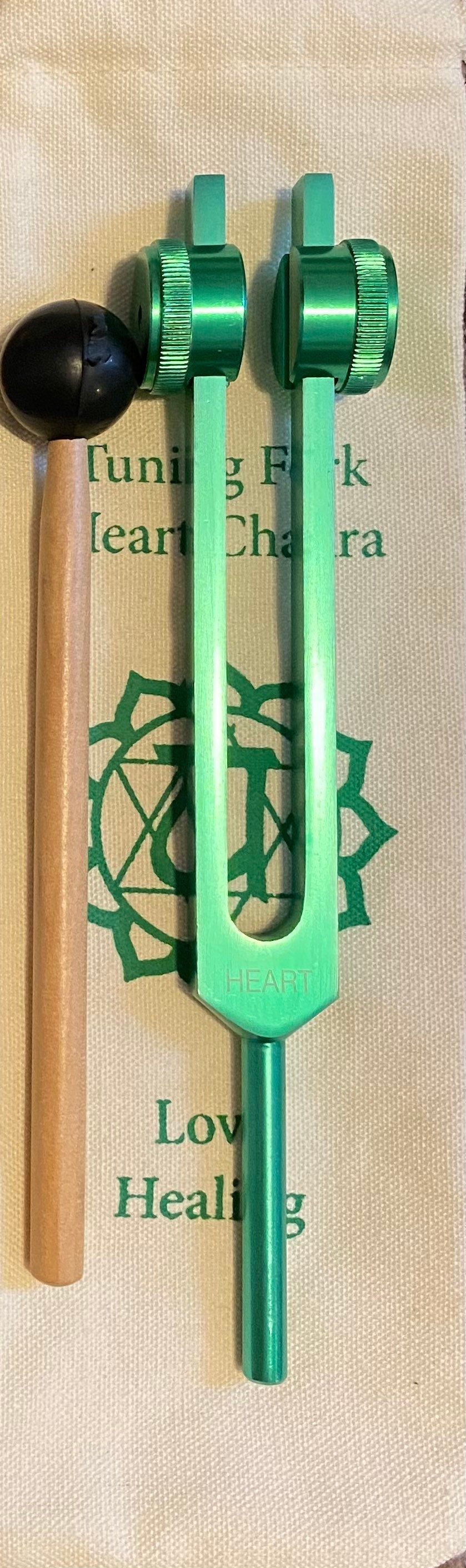 Heart Chakra Bundle 8" Luminous Green Crystal Singing Bowl 432 Hz F Note Heart Chakra And 136.10 Hz Heart Chakra Tuning Fork - 99.9 % Quartz - Myriad Melodies