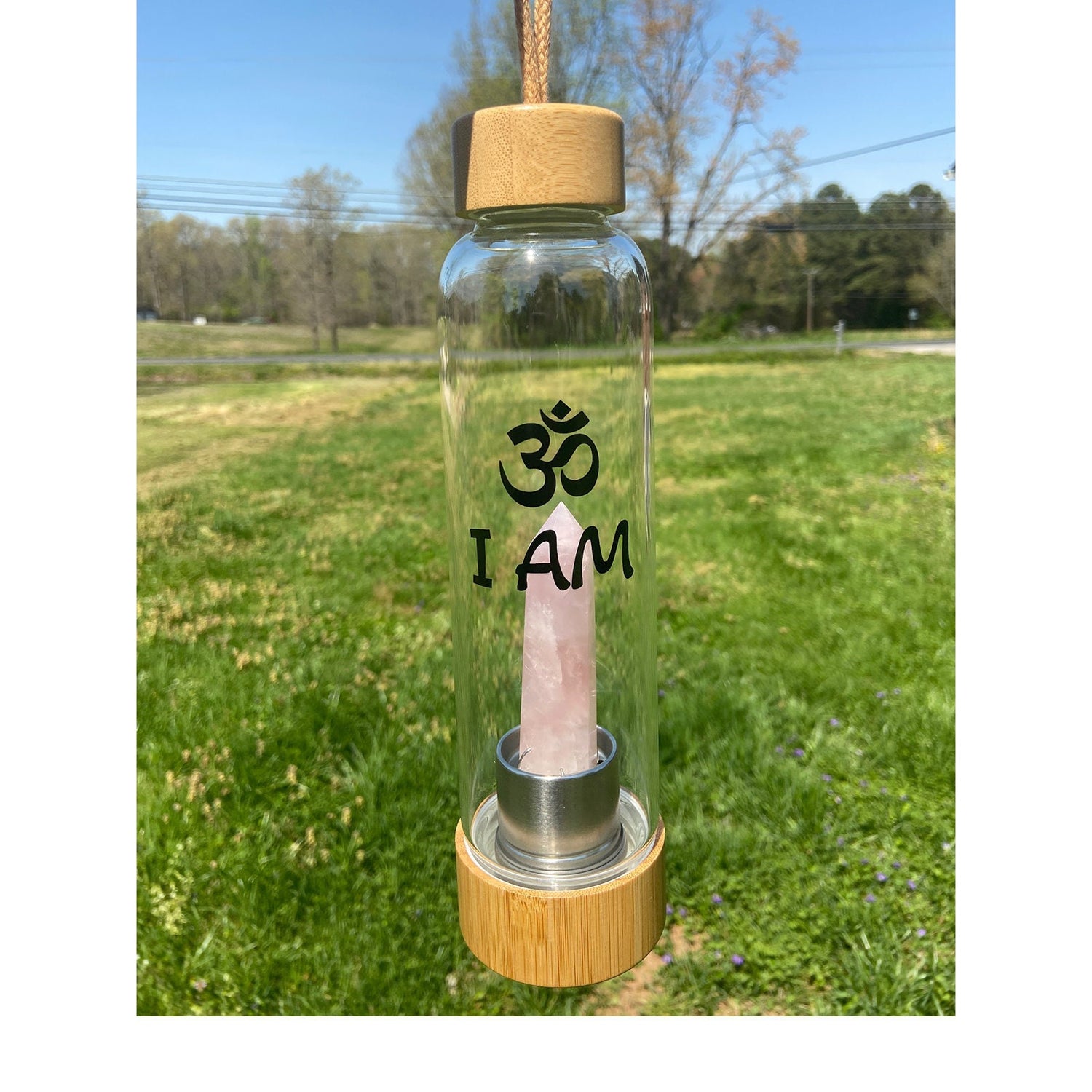 OM - I AM Crystal infused Borosilicate Glass Water Bottle Healing Rose Quartz And Amethyst Wand Point Inserts with Bamboo Lid and Base
