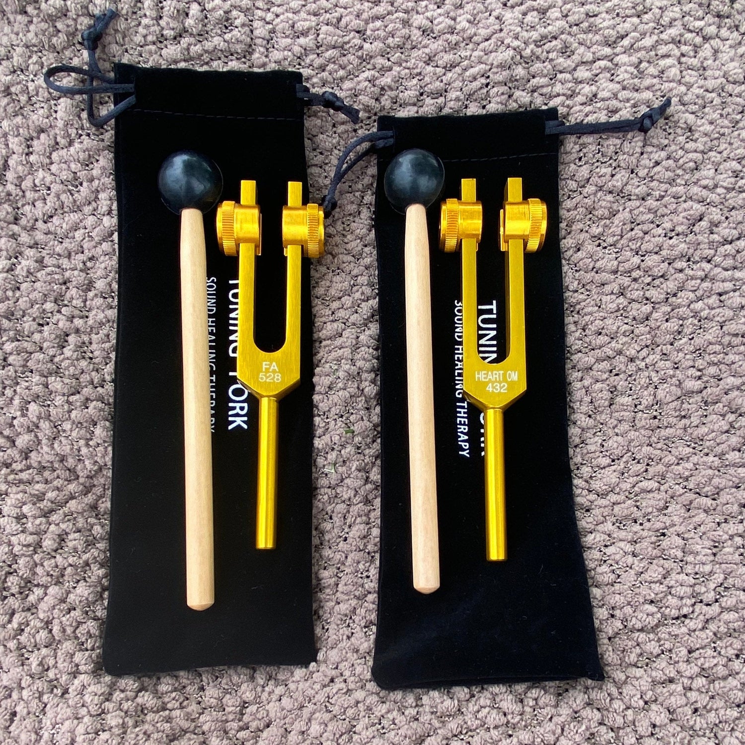 Gold FInish 432 Hz ad 528 Hz Set Best Tuning Forks for Vibration - Attenuator Handle Extender with 10mm Crystal